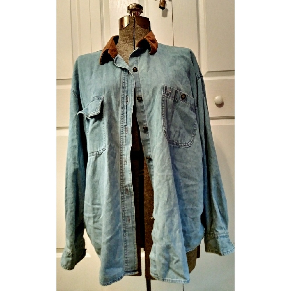 Express Denim Button Down Faux Suede Collar
